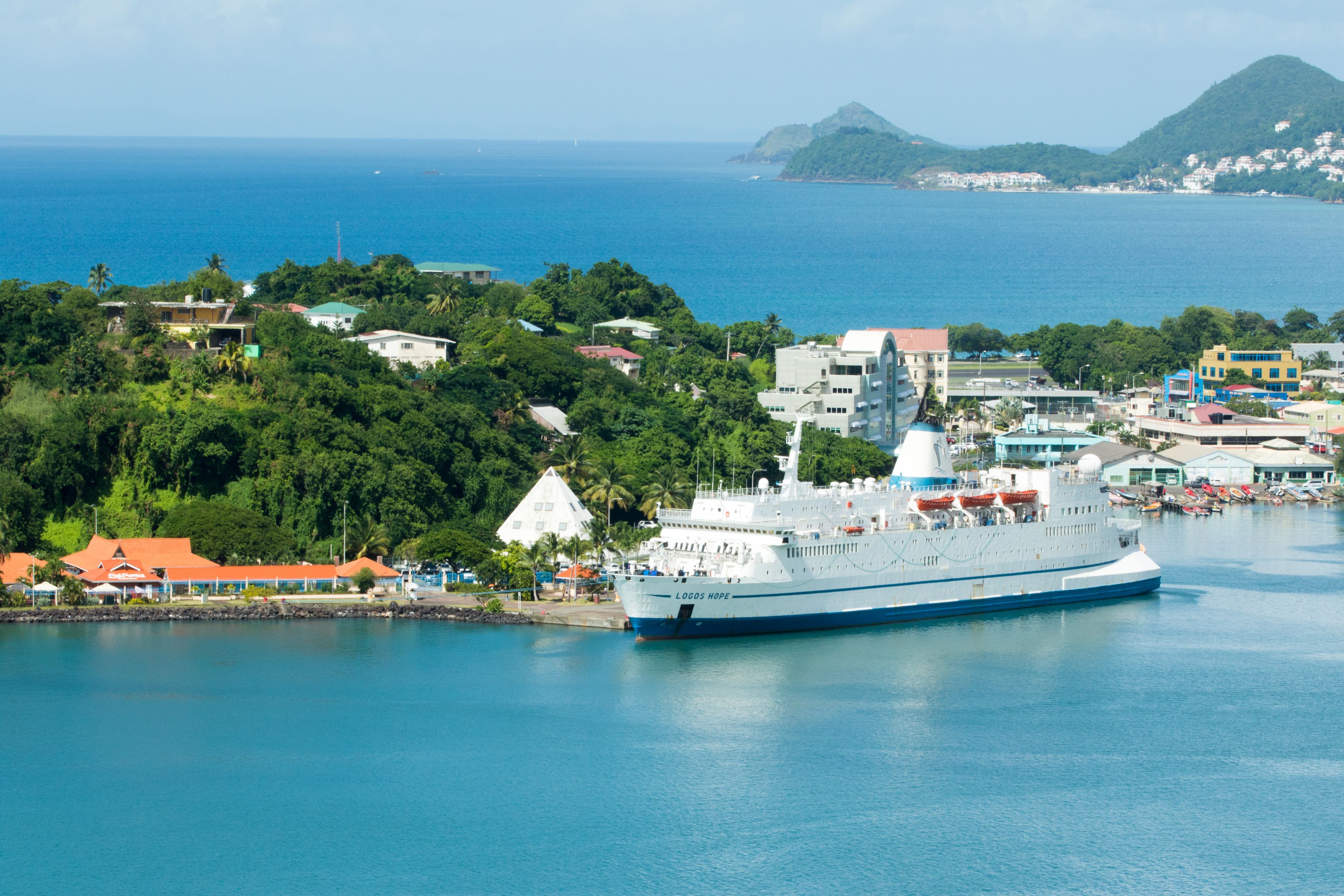 Castries, St. Lucia :: Logos Hope at her berth in port.