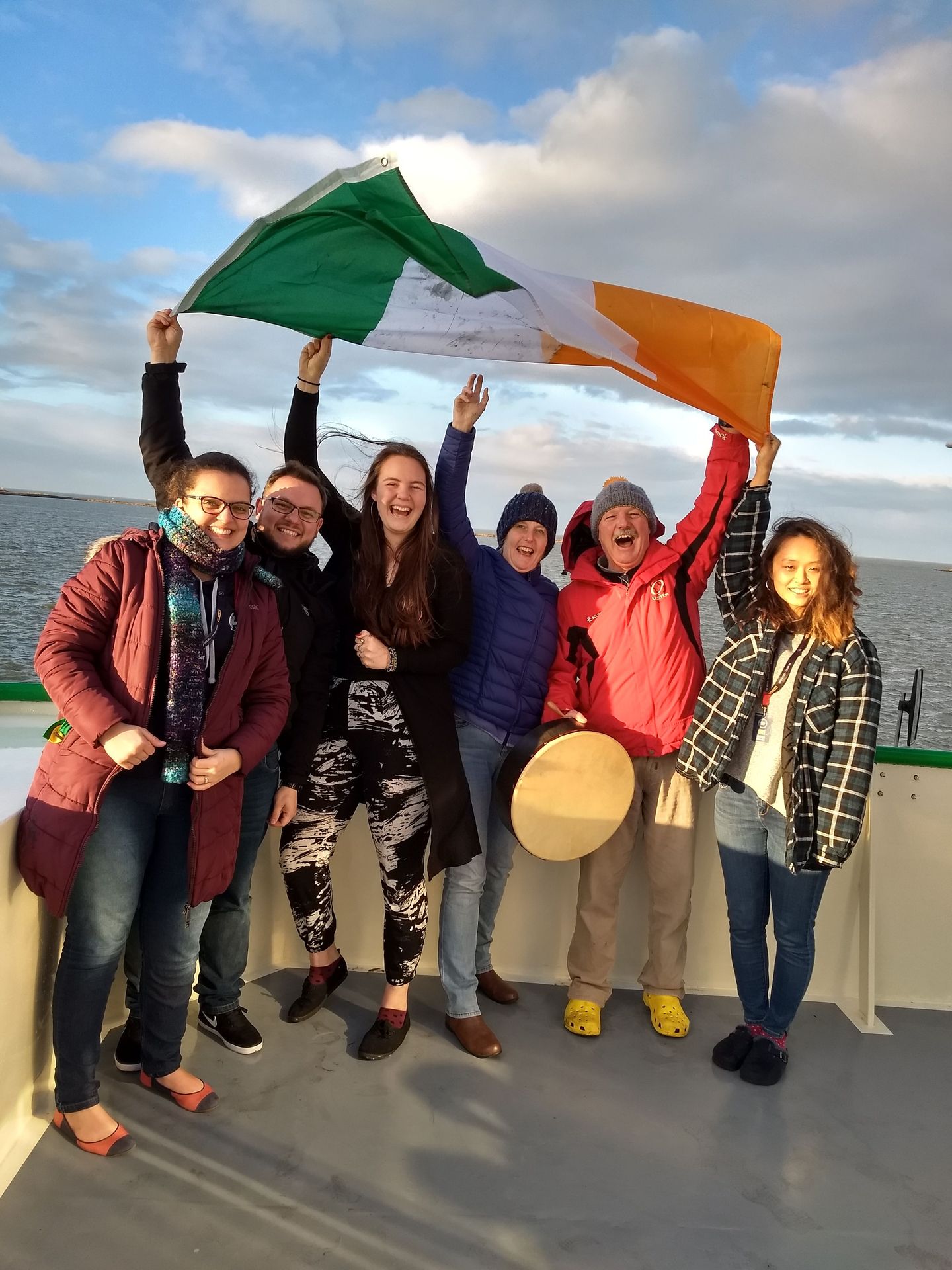 Current and former OM Ireland staff serving on the first voyage of the OM Riverboats
