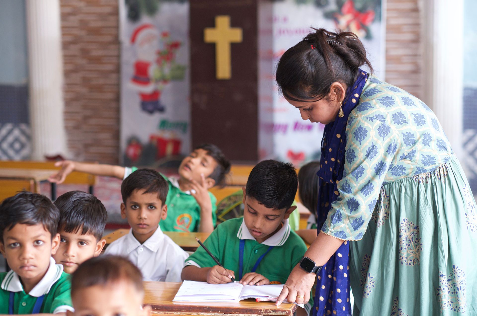 School students and teachers in India.